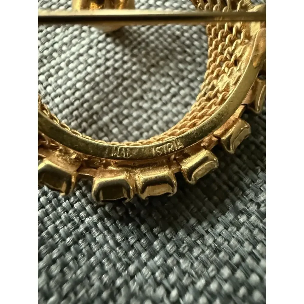 Vintage Made In Austria Mesh Rhinestone Wreath Brooch Gold Tone Faux Pearl Retro